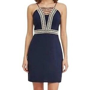 LILLY PULITZER‎ Trista Lace Up Shift Dress Textured Navy Blue Gold Trim EUC 6